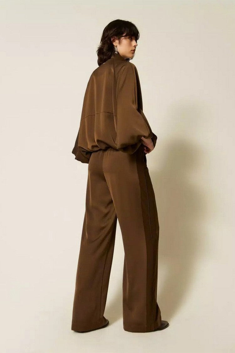 Twin-Set Brown Elastic Waist Side Stripe Polyester Wide-Leg Pants