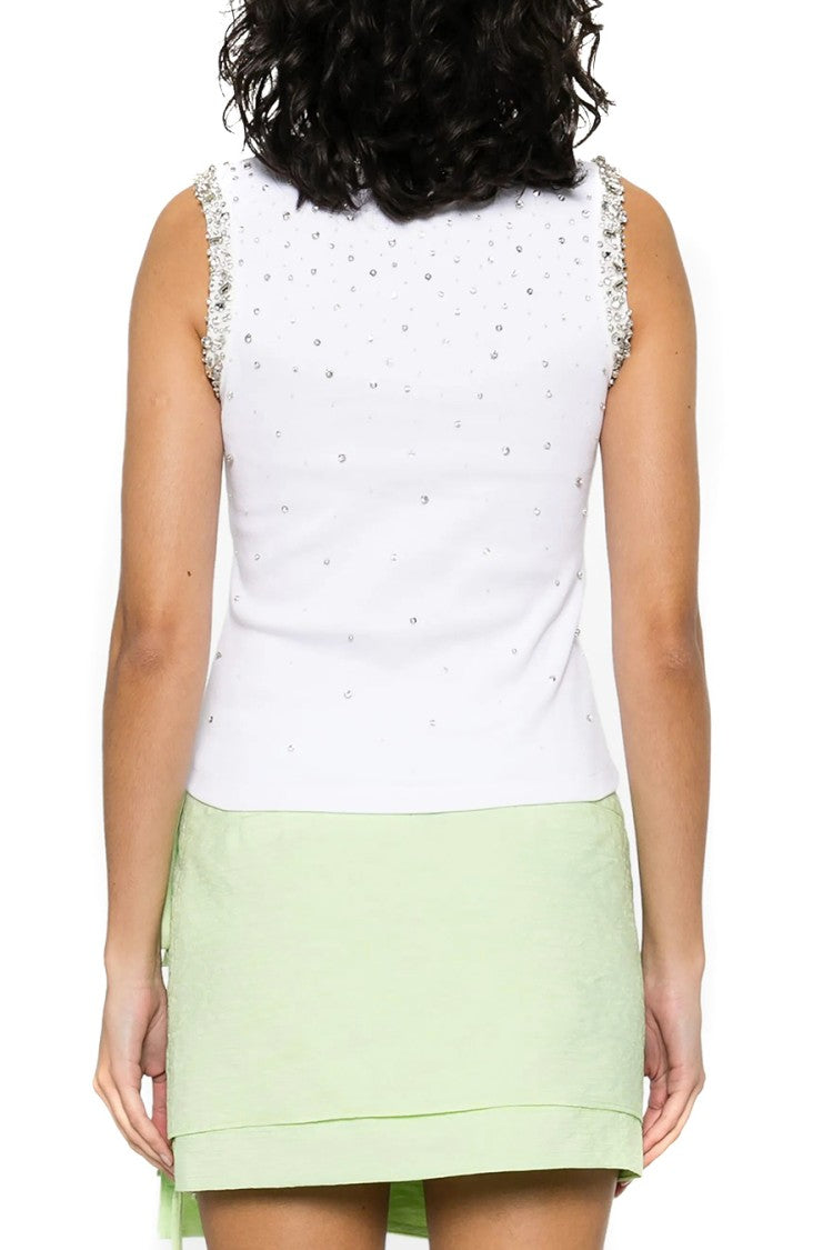 Des Phemmes Rhinestone-Embellished White Cotton Sleeveless Top