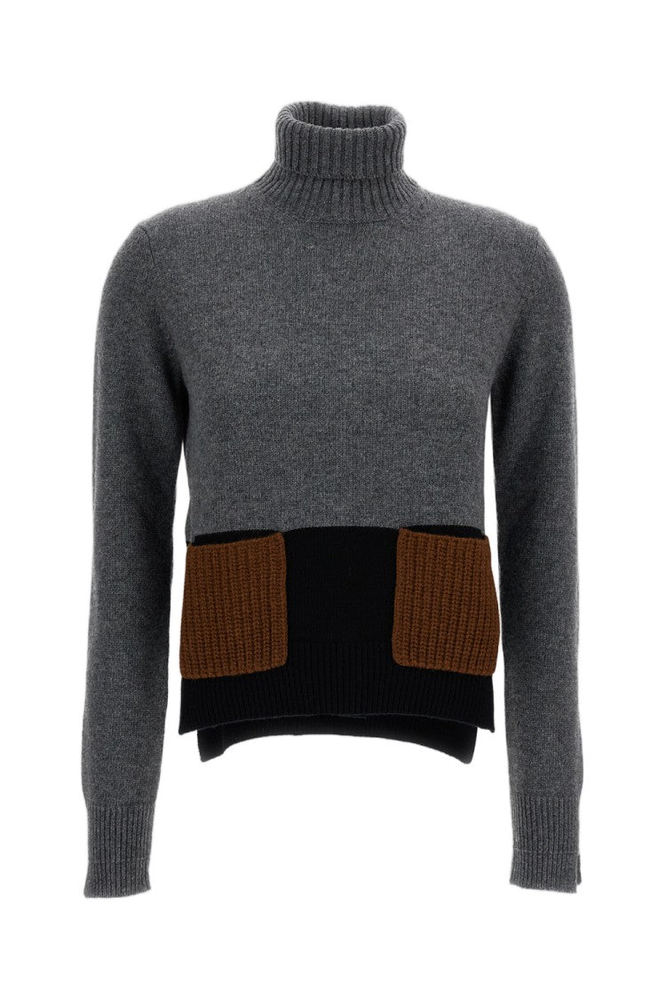 Plan C Grey Cashmere-Blend Bicolor Turtleneck Sweater