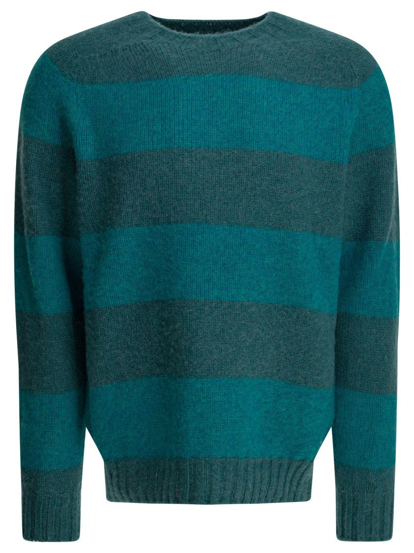 Beams Plus Wide Stripe Knit Sweater In Dark Teal And Deep Grey-Green