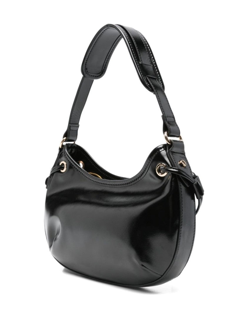 Twin-Set Compact Black Handbag With Glossy Finish And Decorative Ties