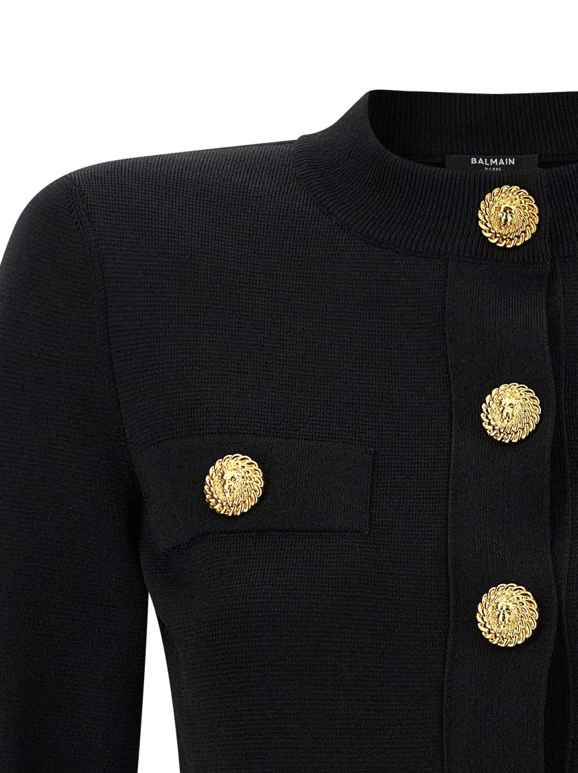 Balmain Cropped Black Cardigan With Padded Shoulders And Lion Motif Buttons