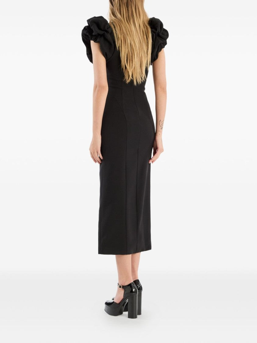 Rotate Fitted Midi Dress With Voluminous Ruffled Sleeves