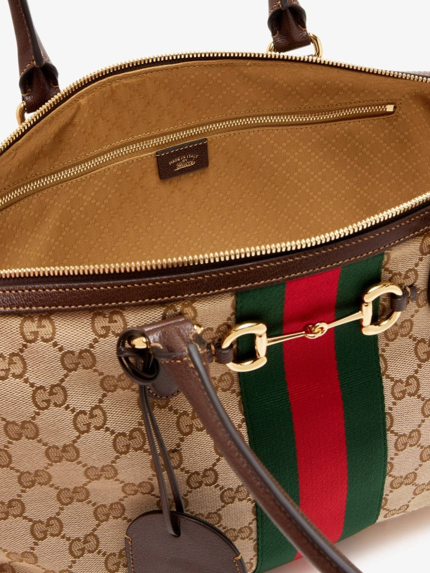 Gucci Beige Monogram Canvas Horsebit Handbag With Elegant Stripe Detail