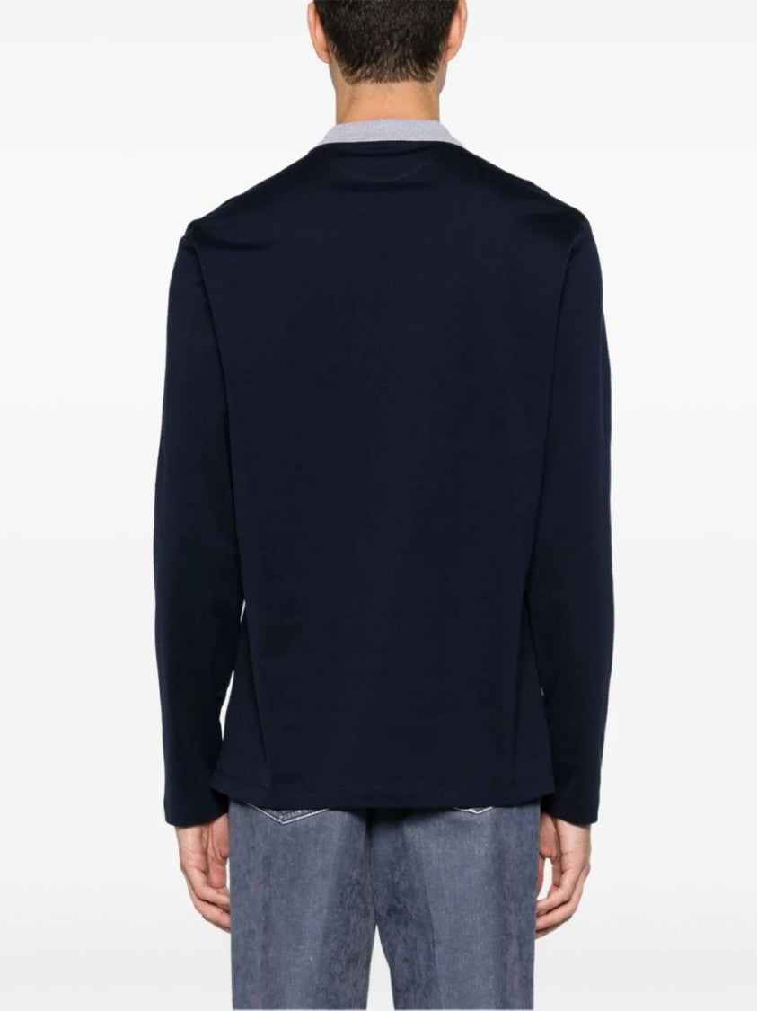 Brunello Cucinelli Long-Sleeve Polo With Contrast Collar And Embroidered Detail