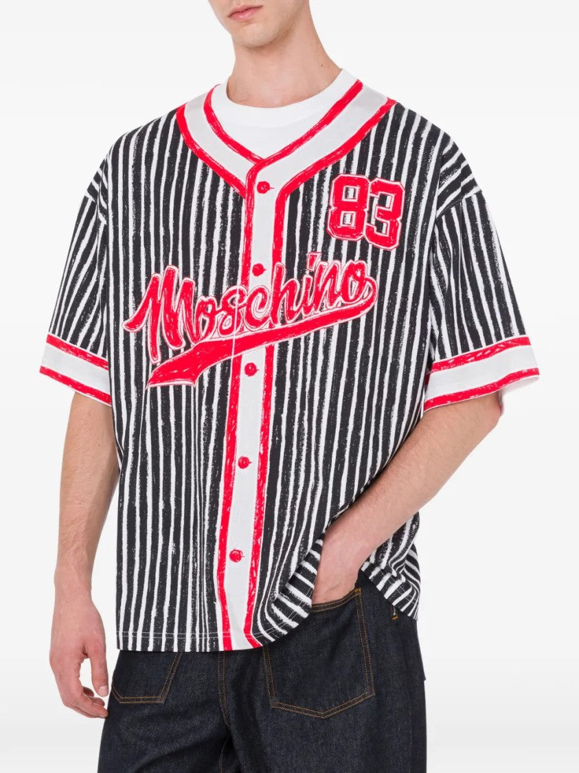 Moschino Vertical Stripe Shirt With Red Accents And Iconic Logo