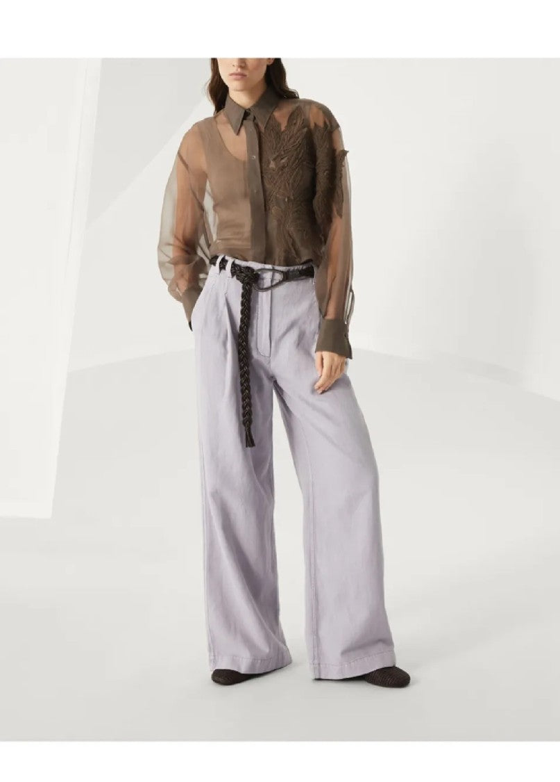 Brunello Cucinelli Long-Sleeve Sheer Shirt With Embroidered Leaf Design