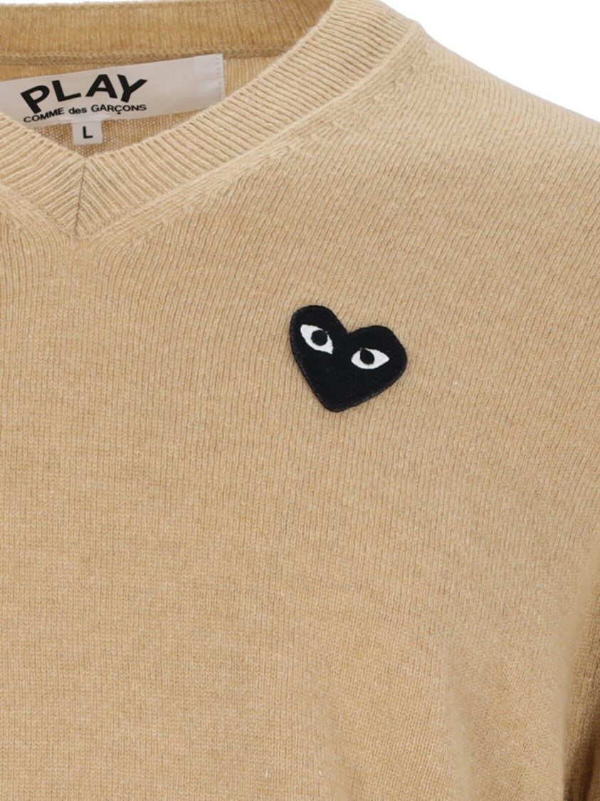 Comme Des Garçons Black Heart Patch Crewneck Beige Wool Sweater