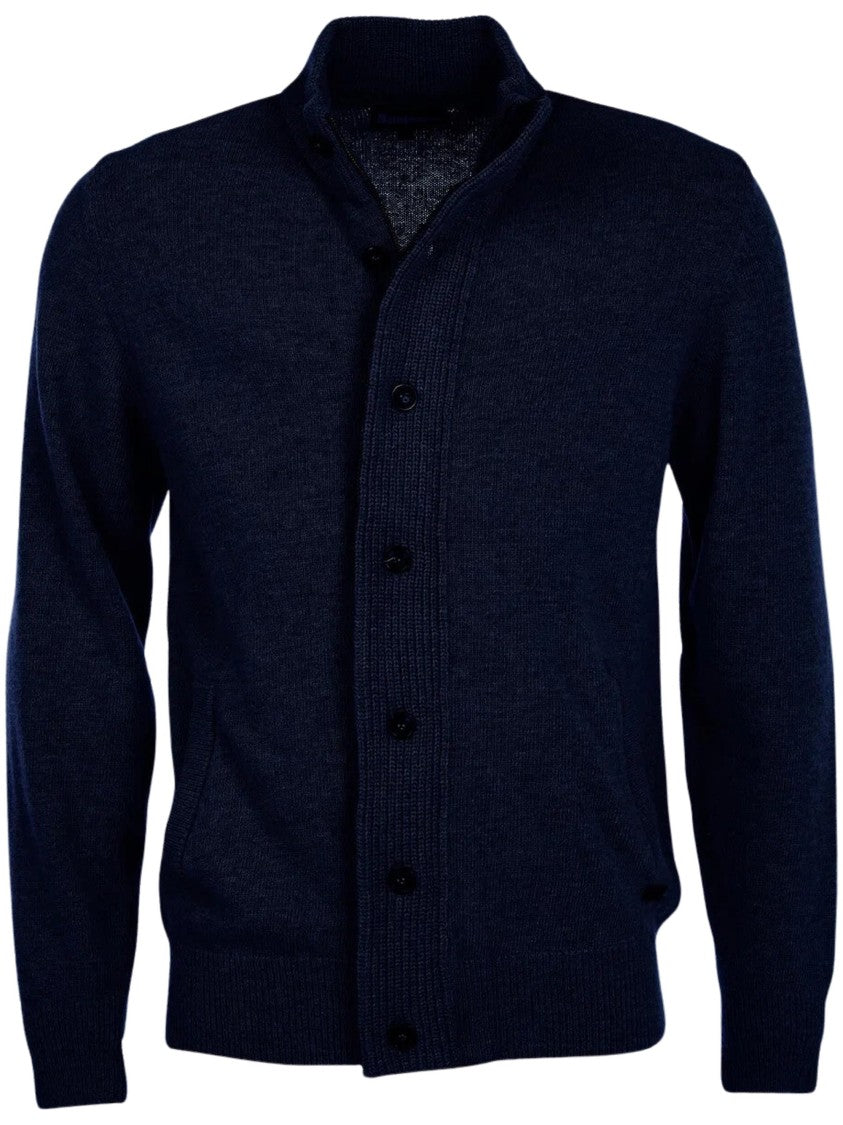 Barbour Navy Knit Button-Up Cardigan With Suede Elbow Patches