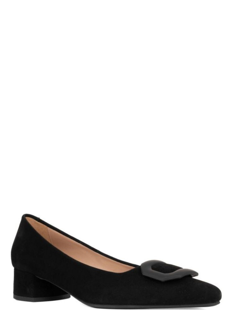 Sergio Moretti Black Closed-Toe Buckle Suede Low-Block-Heel Pumps