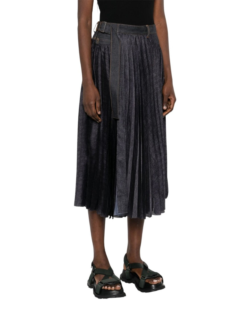 Sacai Pleated Grey Skirt With Denim And Soft Fabric Construction
