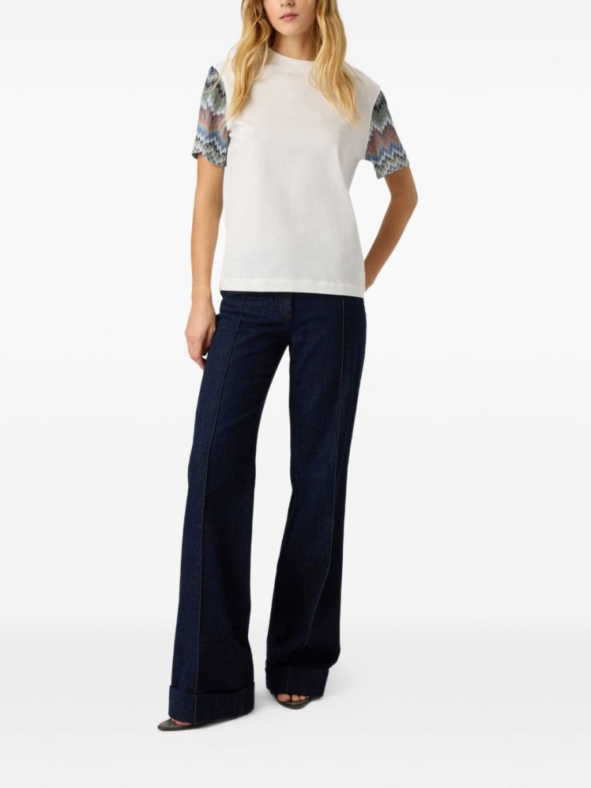 Missoni Short-Sleeved Top With Multicolored Zigzag Knit Sleeves