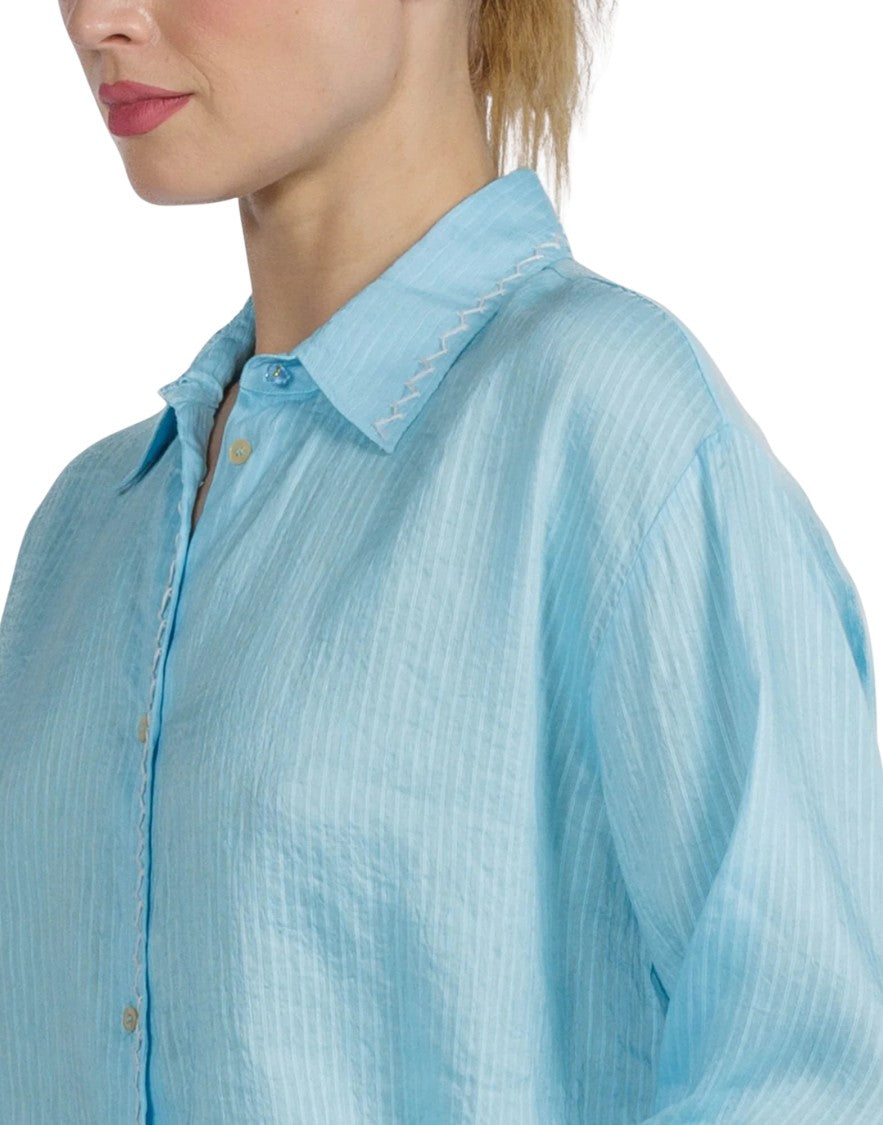 Forte Forte Turquoise Pinstripe Linen-Blend Embroidered Shirt