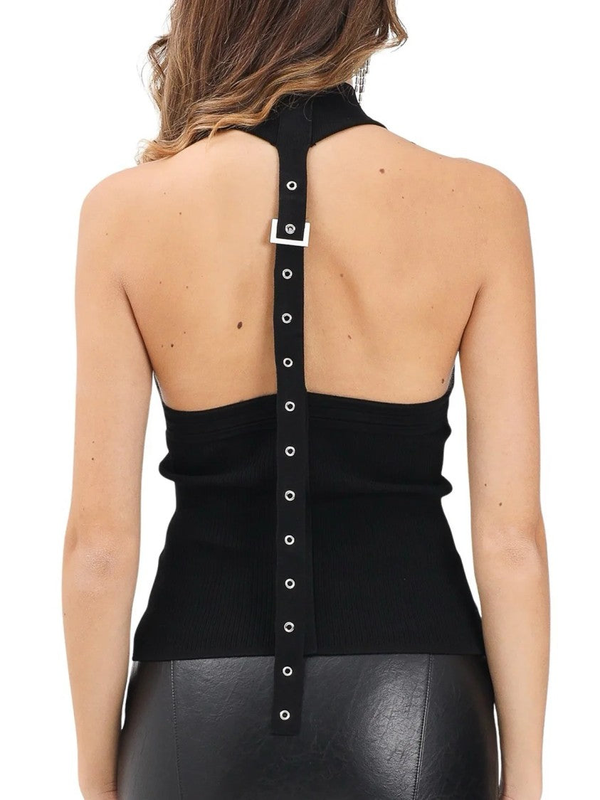Patrizia Pepe High Neck Black Knit Top With Unique Buckle Detail