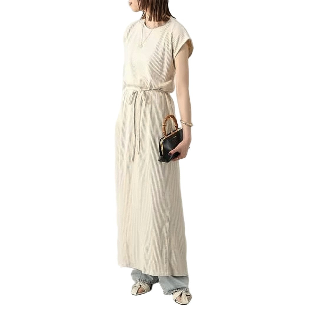 Baserange Ribbed Midi Dress With Self-Tie Belt