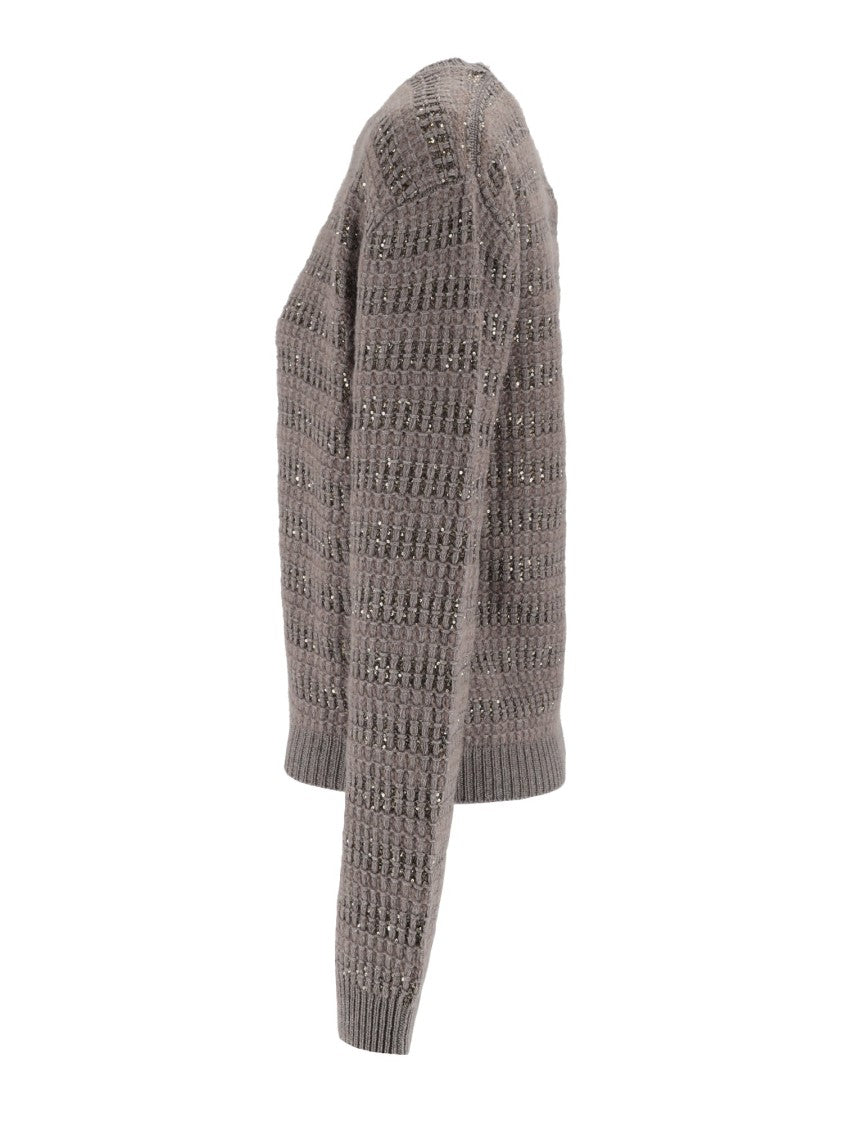 Fabiana Filippi Falcon Platinum Mohair Sequin Striped Crewneck Sweater