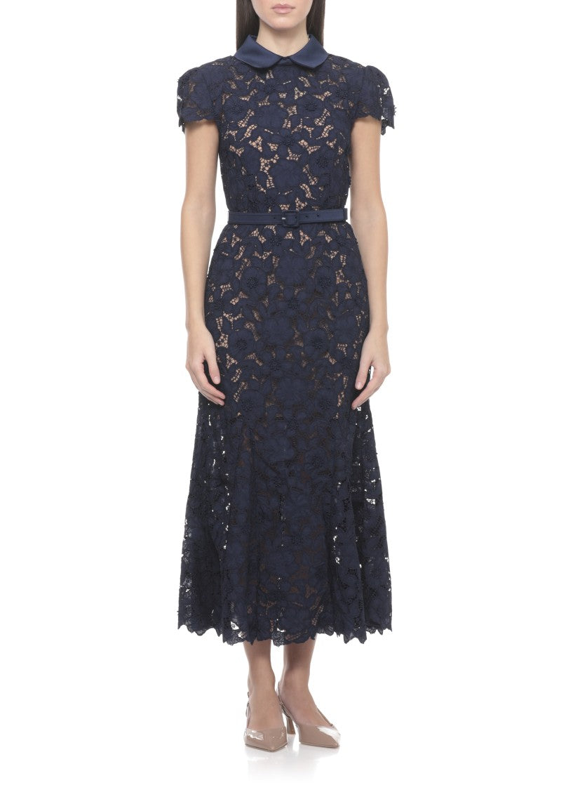 Self-Portrait Intricate Guipure Lace Midi Dress With Classic Collar