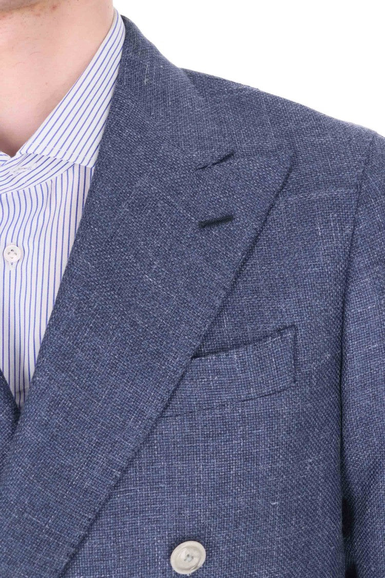 Barba Double-Breasted Textured Weave Jacket In Wool-Silk-Linen Blend