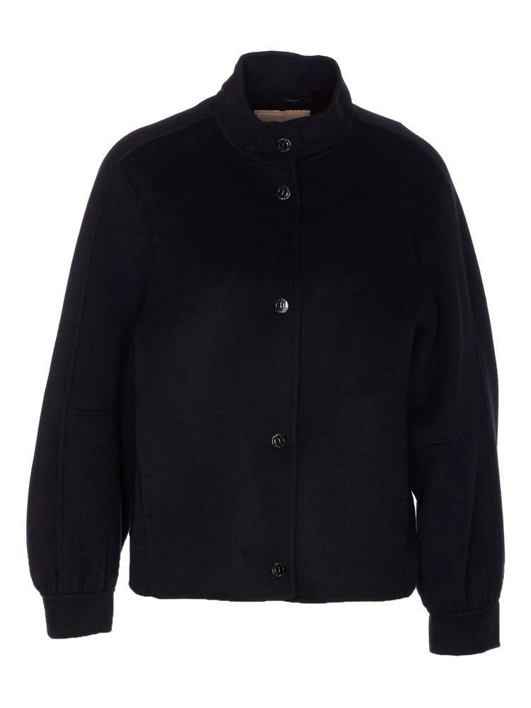Twin-Set Black Cropped High-Collar Wool-Blend Bomber Jacket