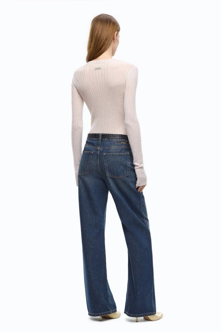 Pinko White Wool Ribbed Mock-Neck Sweater