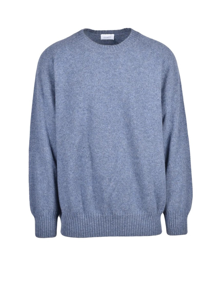 Malo Blue Cashmere Raglan Sleeves Crewneck Sweater