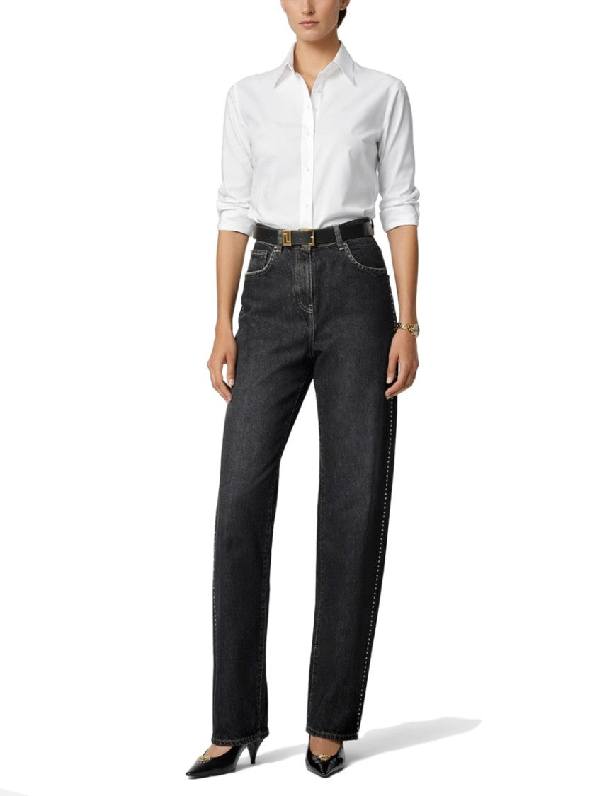 Versace Neutrals High-Waisted Stud Crystals Cotton Jeans