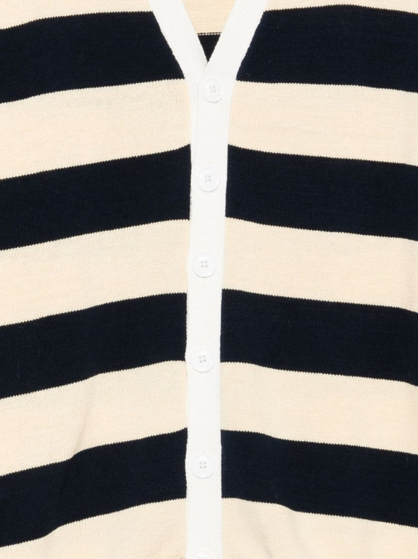 Aspesi Beige And Blue Striped V-Neck Cardigan With Button Fastening