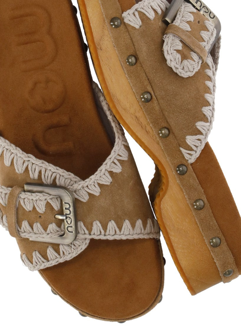 Mou Brown Studded Wood Clog Sandals