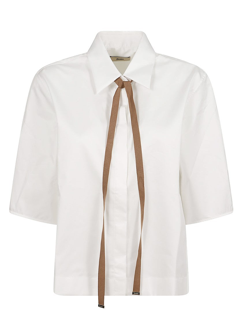 Herno Boxy White Poplin Shirt With Grosgrain Ribbon Tie