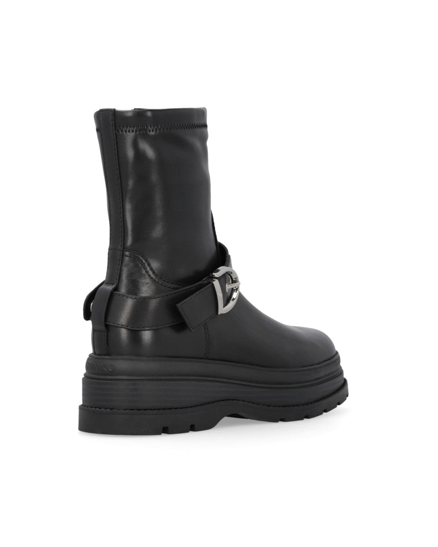 Pinko Black Leather Eva 01 Buckle Boots