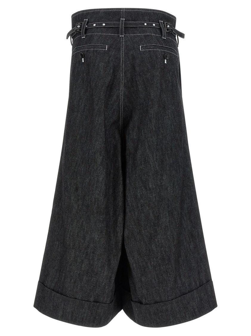Junya Watanabe Cropped Black Jeans With Wide Flared Legs And Removable Belt