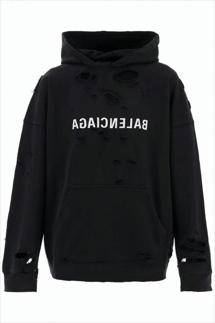 Balenciaga Distressed Black Cotton Hoodie