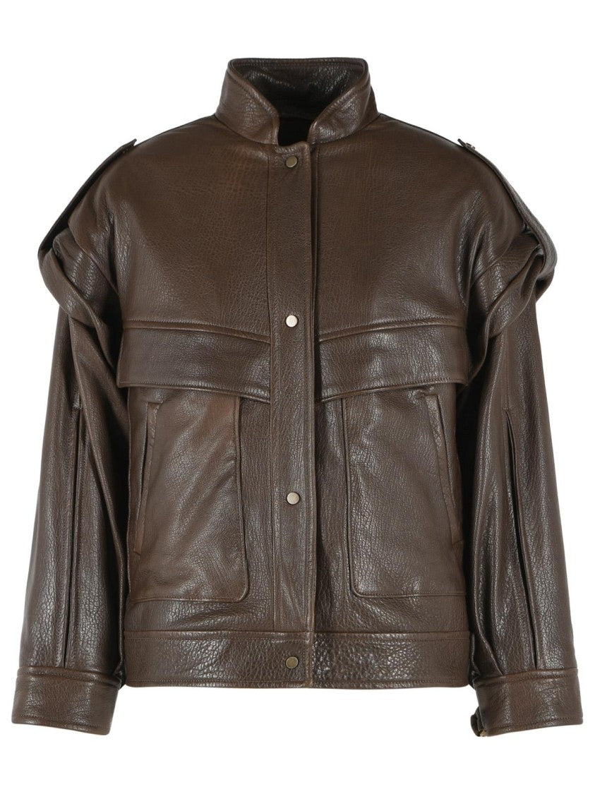 Salvatore Santoro Rich Brown Leather Bomber Jacket With Raised Collar And Unique Detailing