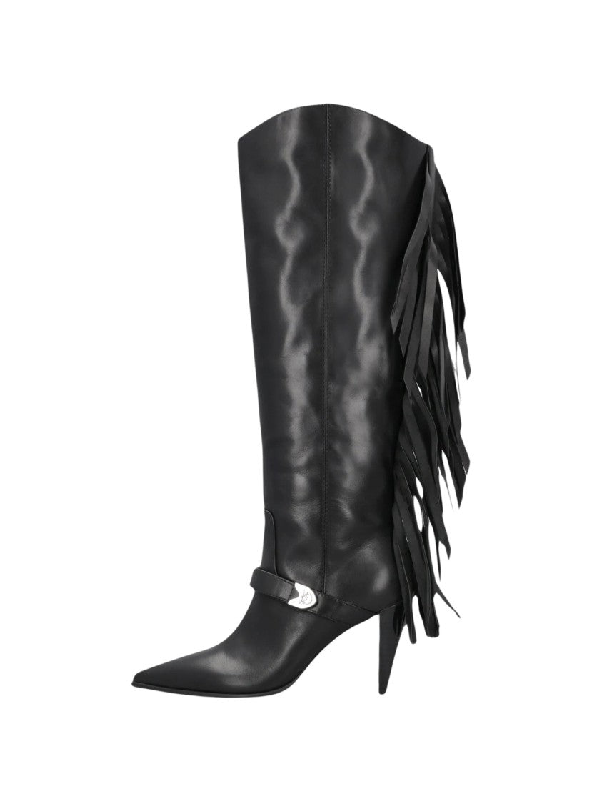 Pinko Knee-High Fringe Boots With Pointed Toe And Angled Heel