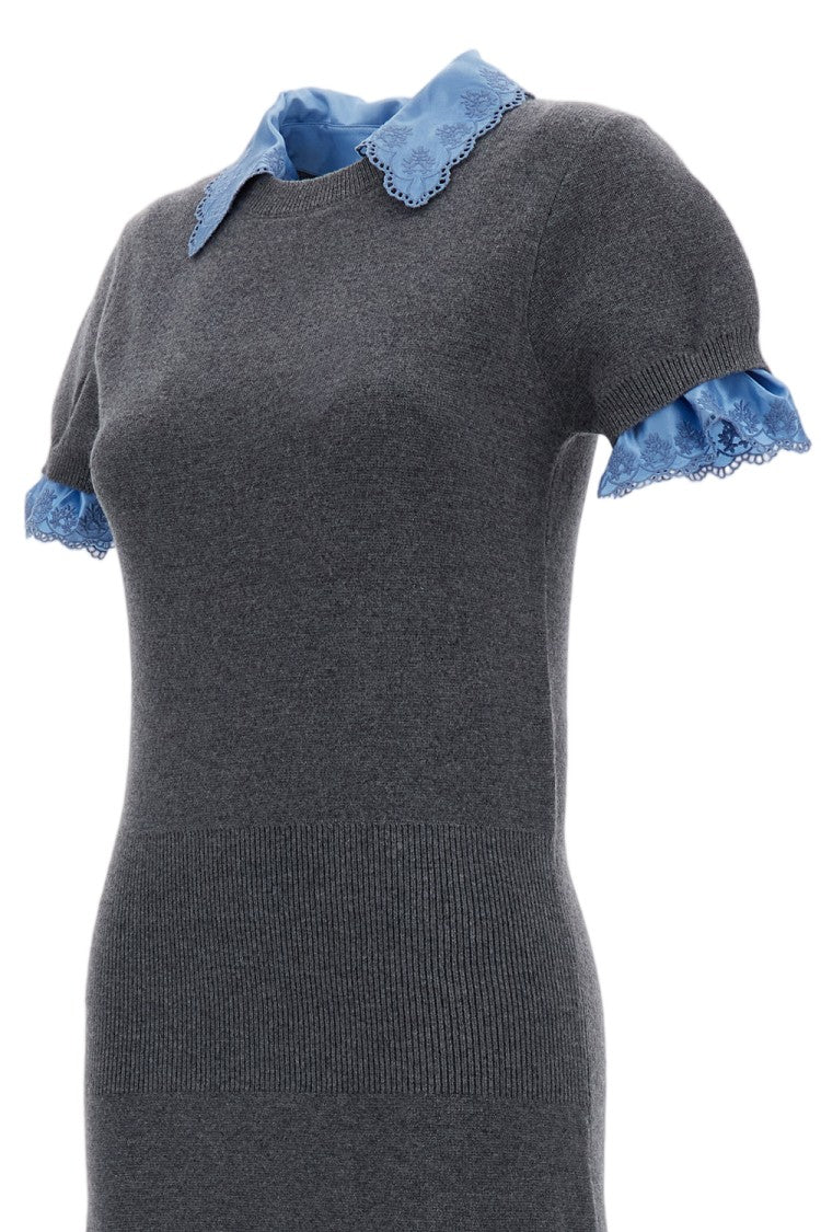 Rabanne Grey/Light Blue Embroidered Satin Wool-Cashmere Midi Dress