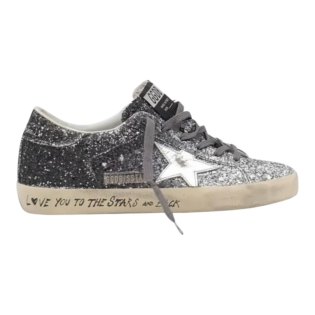 Golden Goose Glittery Silver And Black Distressed Sneakers
