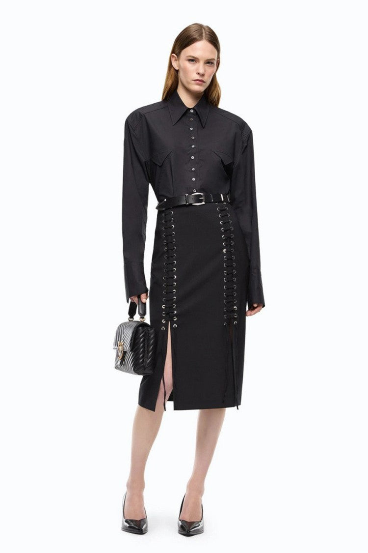 Pinko Black Polyester-Wool Blend Lace-Up Pencil Skirt