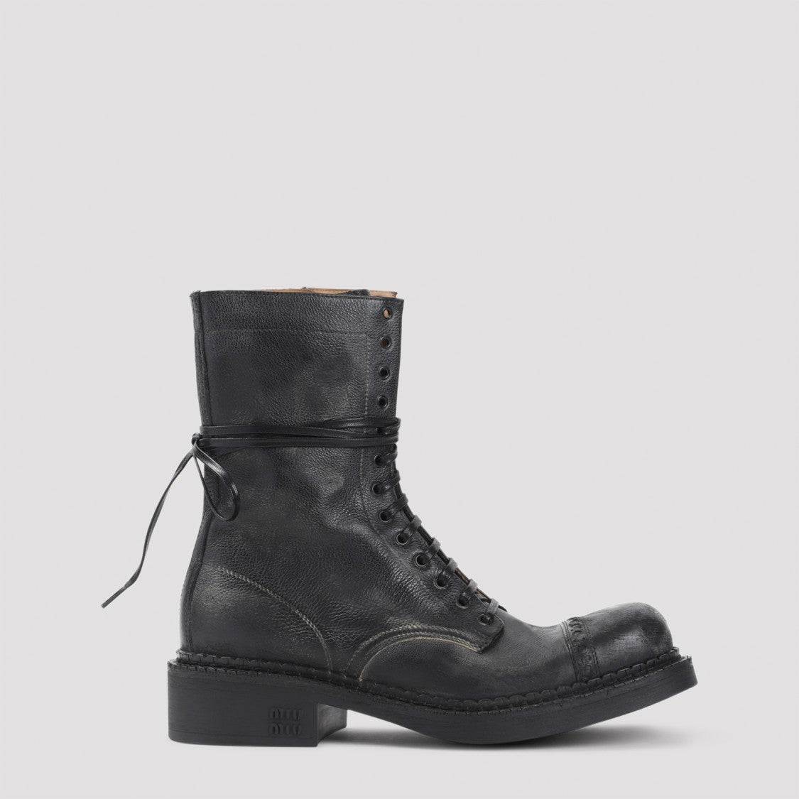 Miu Miu Laced Black Calf Leather Ankle Boots