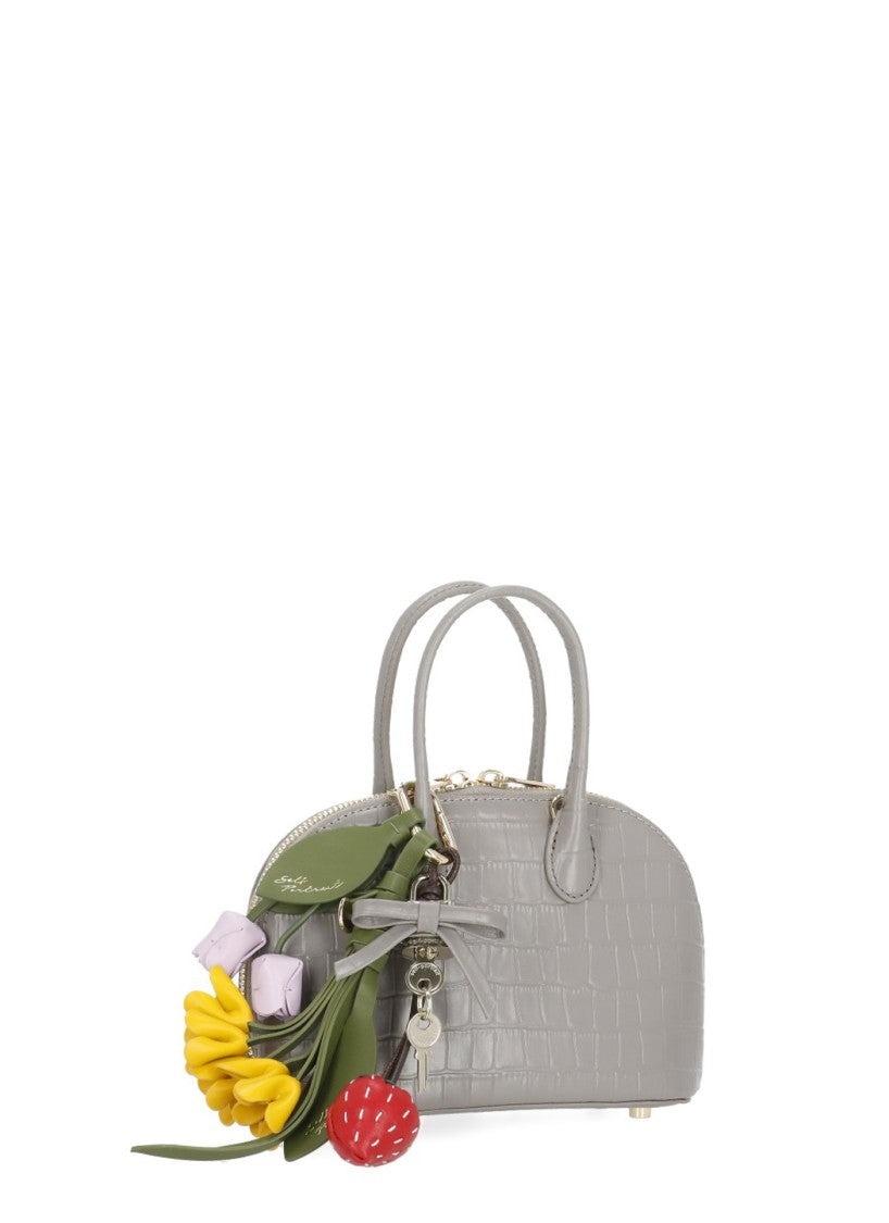 Self-Portrait Structured Crocodile-Embossed Grey Handbag With Decorative Charms