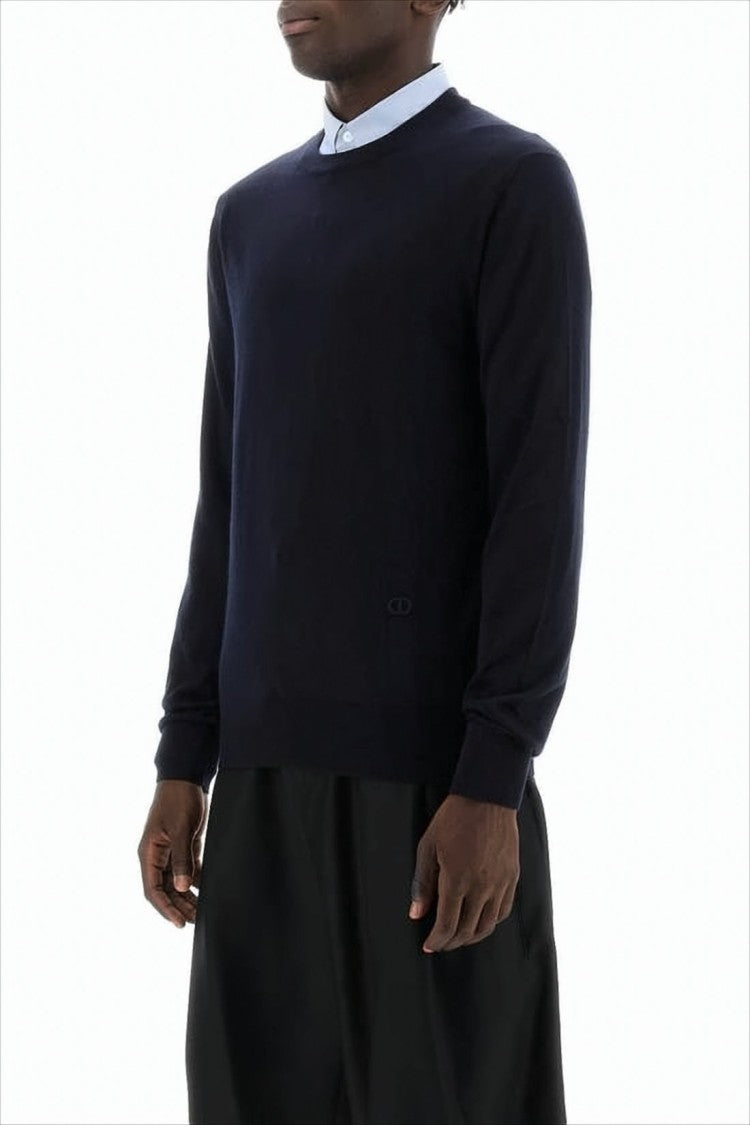 Christian Dior Classic Blue Cashmere Sweater With Ribbed Hem And Cuffs