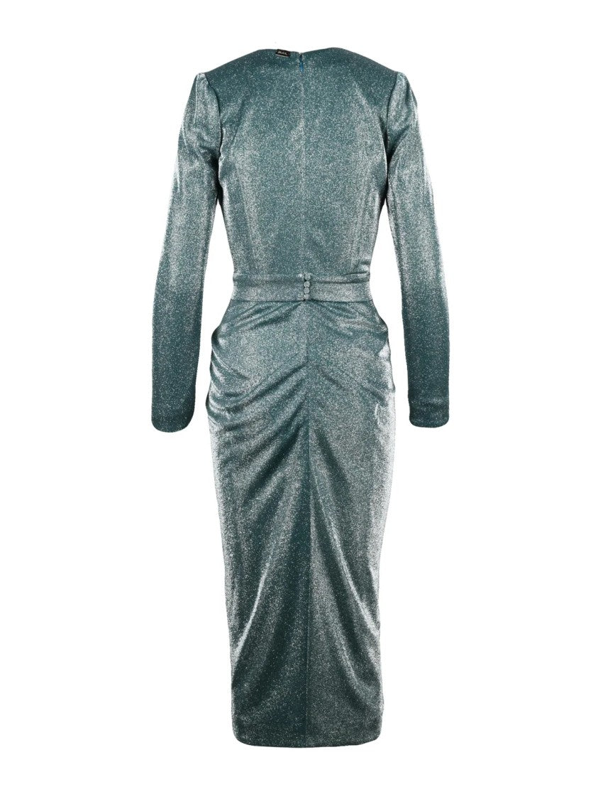 Rhea Costa Green Polyamide Ruched Slit Midi Dress