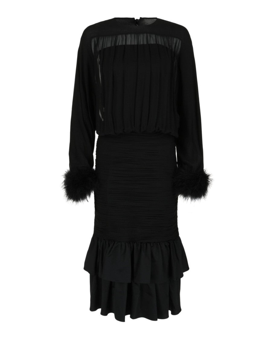 Valentino Ruched Georgette Midi Dress With Feather Cuffs
