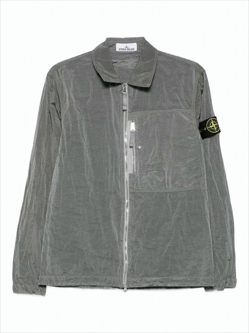 Stone Island Metallic Sheen Grey Overshirt In Recycled Nylon Fabric