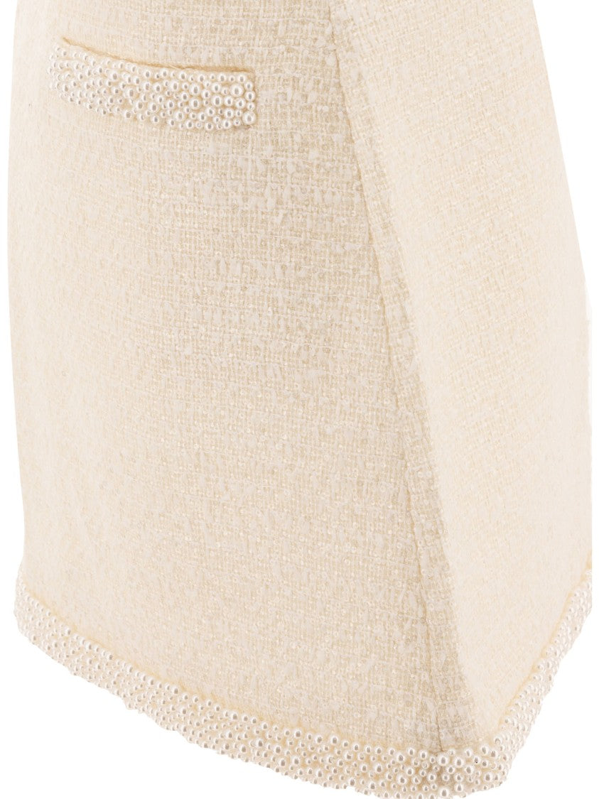 Self-Portrait Beige Textured Skirt With Pearl Embellishments