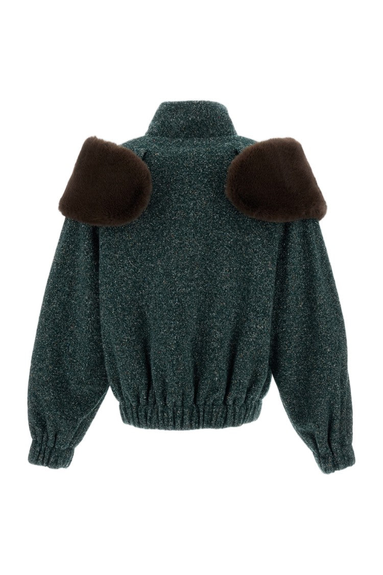 Shushu/Tong Green Faux Fur Trim Shoulder Loose Coat