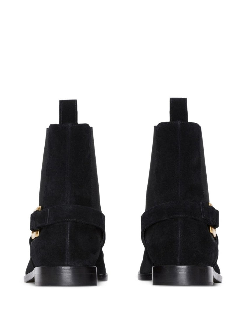 Balmain Smooth Suede Ankle Boots With Gold Buckle Detail