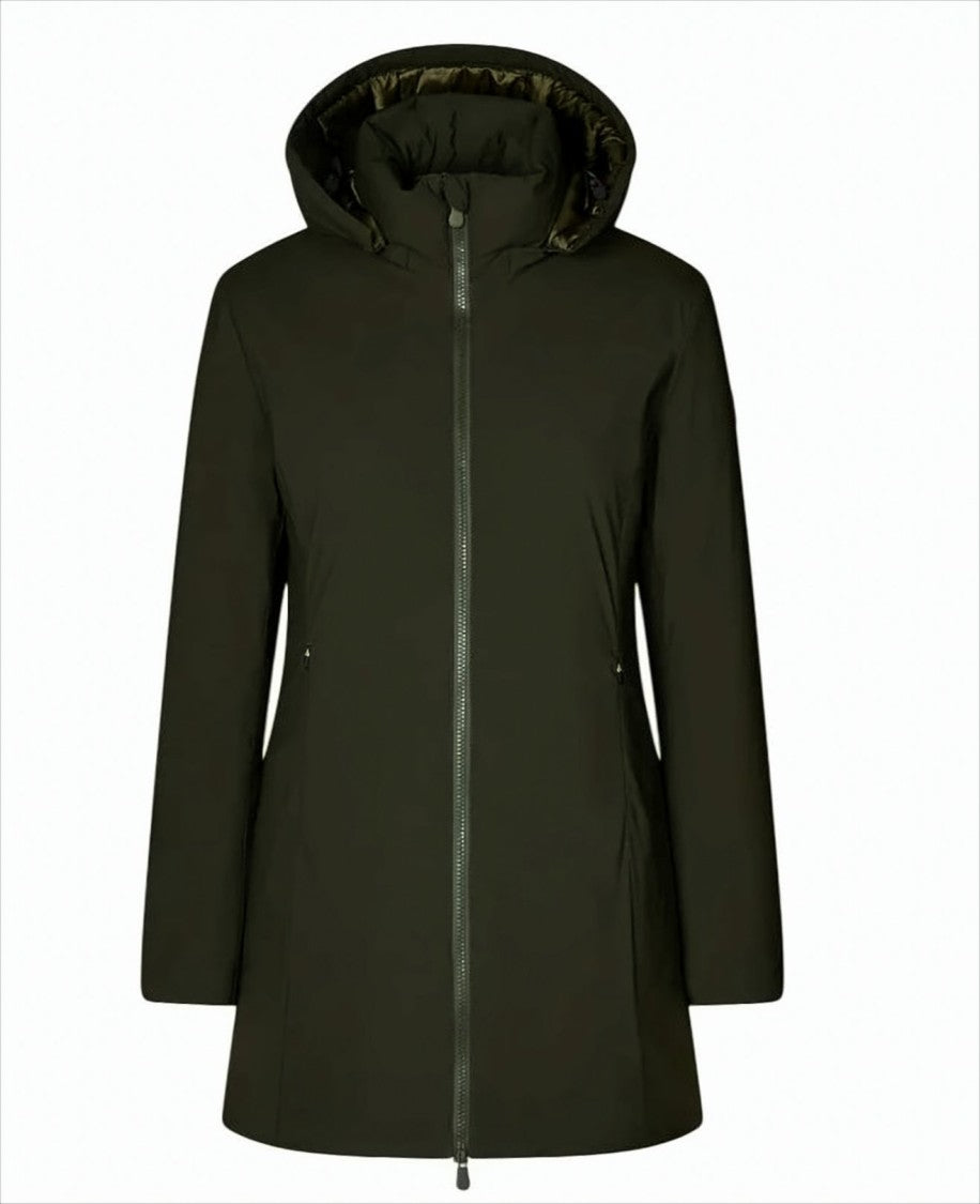 Save The Duck Streamlined Green Parka With Removable Adjustable Hood