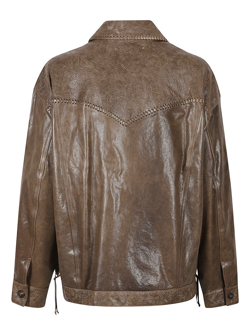 Golden Goose Brown Ovine Leather Jacket With Floral Embossing And Lace-Up Detail
