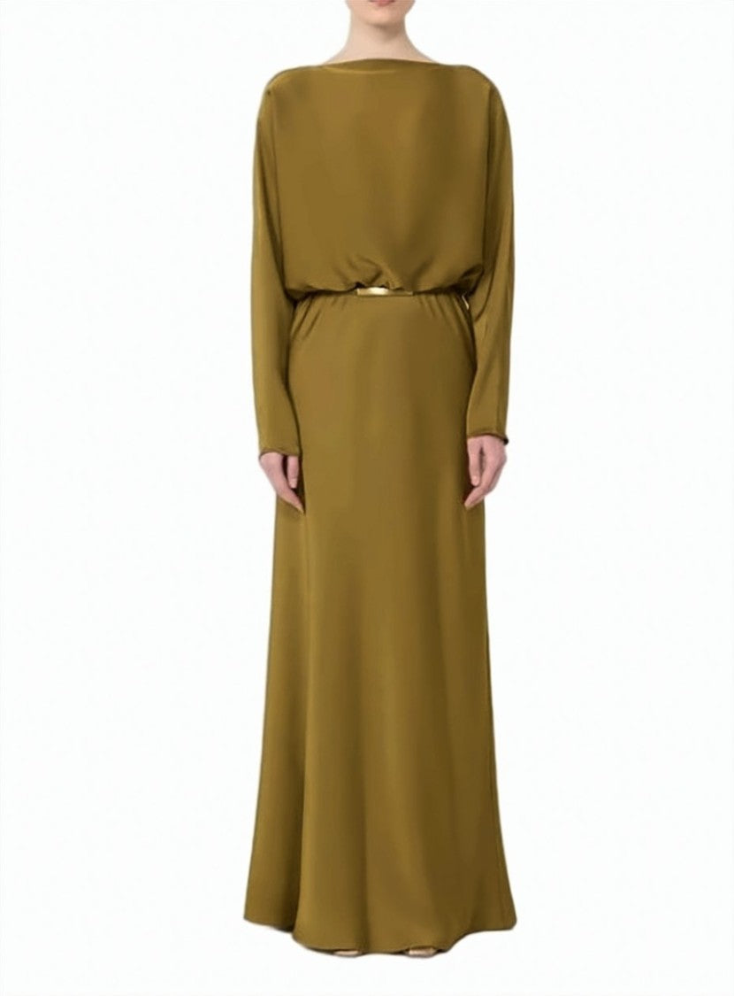 Max Mara Green Satin Belted Maxi Dress