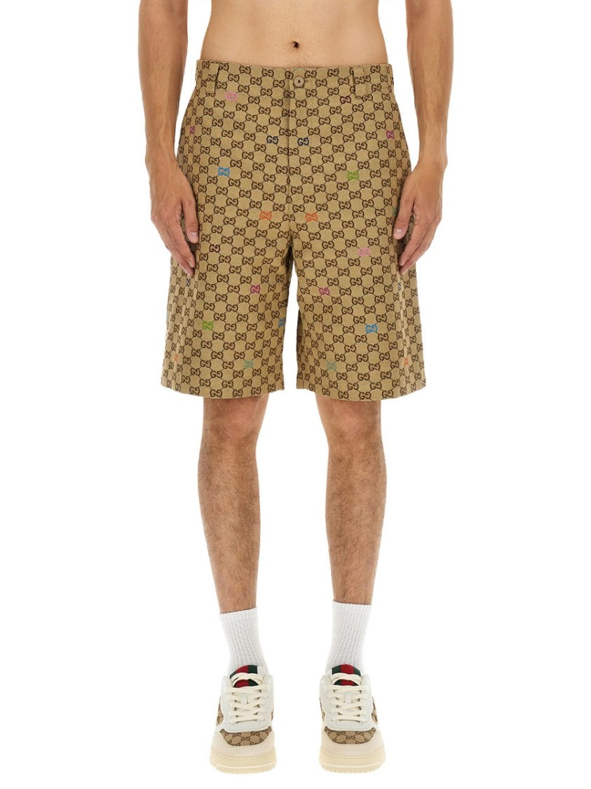 Gucci Gg Interlocking Pattern Beige Cotton Shorts